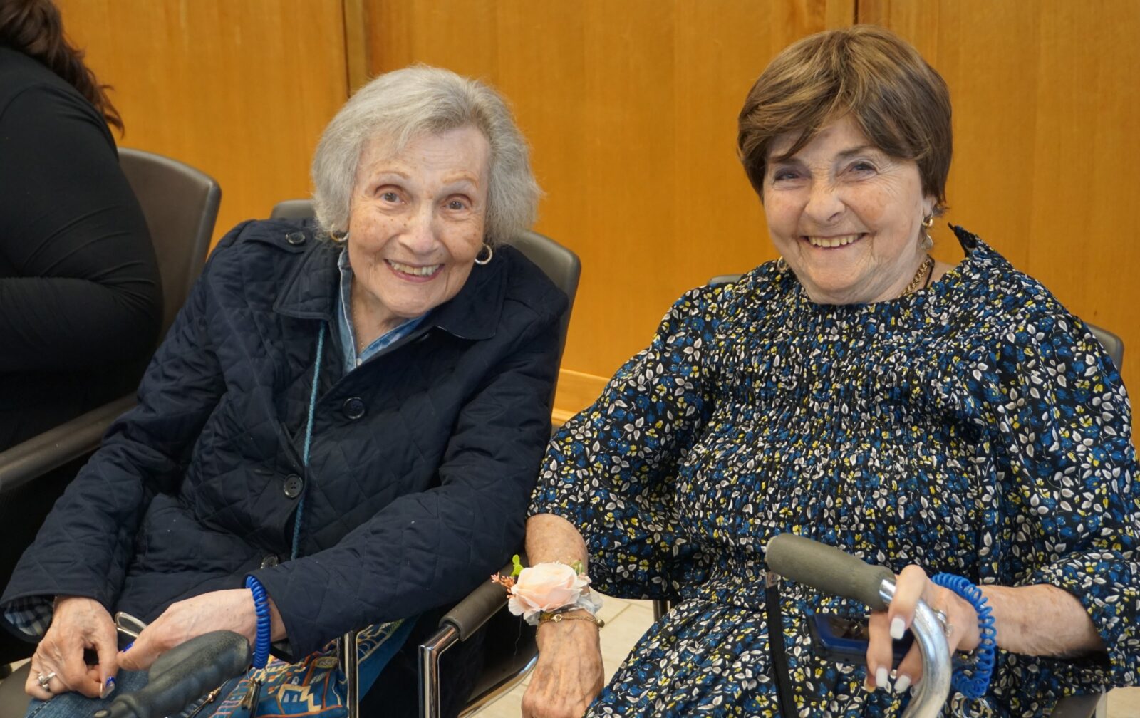 Two elderly women smiling together in a warm setting.