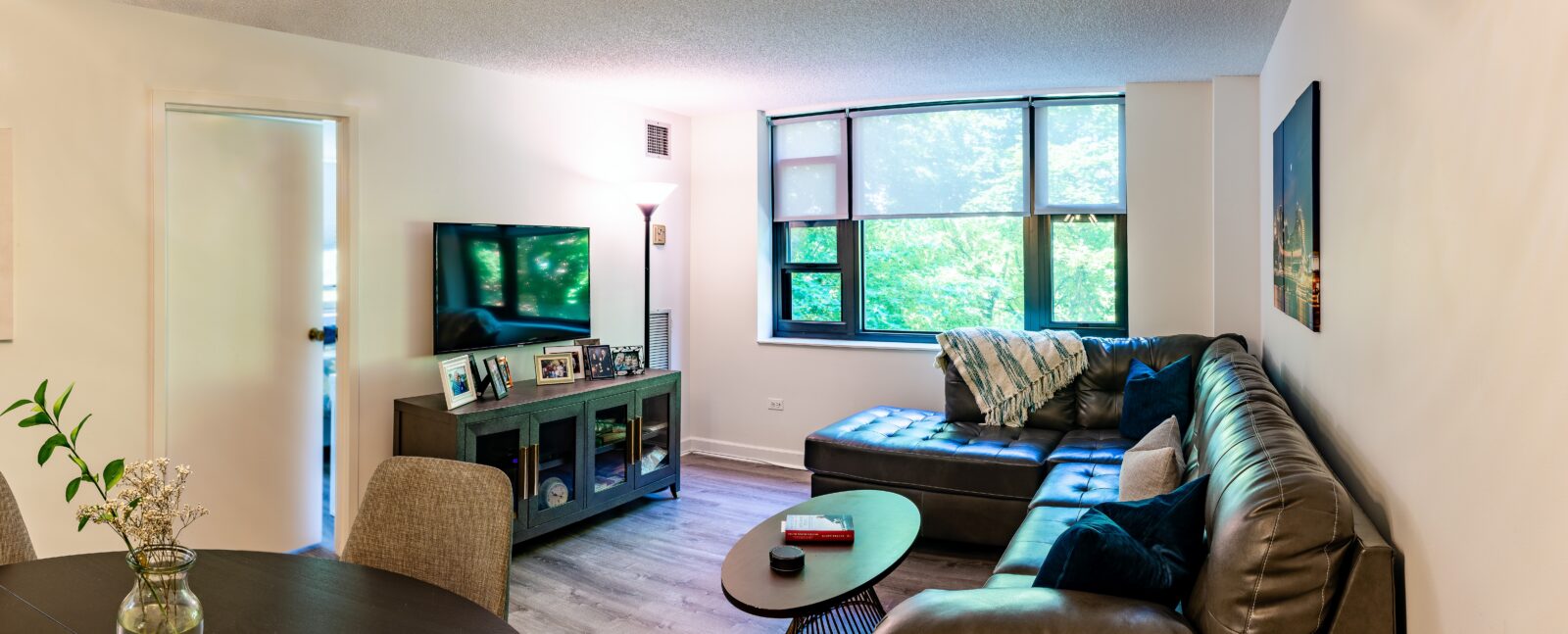 Cozy living room with modern furniture and natural light.